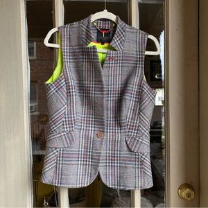 NWOT Ted Baker London Plaid Woven Waistcoat/ Vest w Moustache Pin & Green Lining